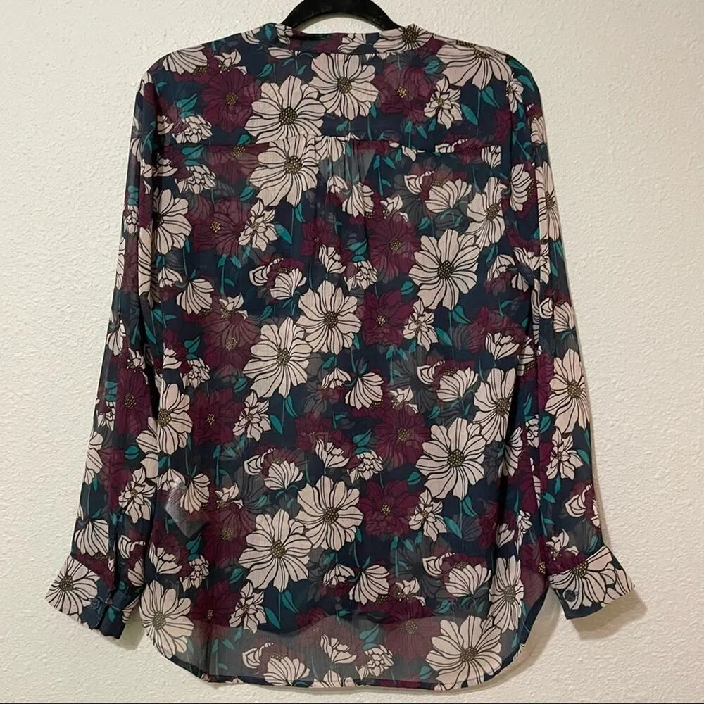 Kut From The Kloth Burgundy Green & Cream Floral Sheer Blouse Womens MP Fall - Image 7