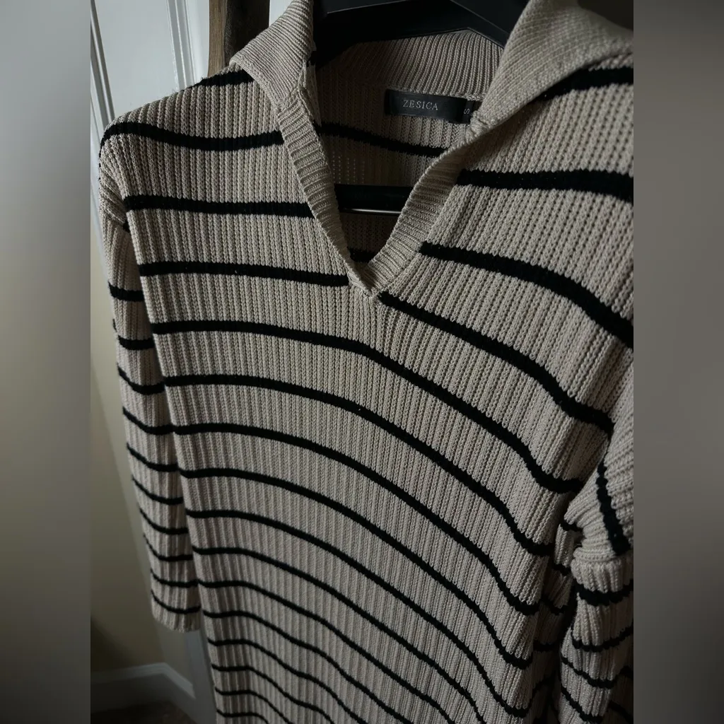 Women's Stripes Maxi Dress Casual Long Sleeve Lapel V Neck Loose Knitt / Small Black - Image 7