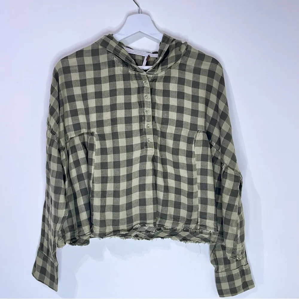 Free People Plaid Checker Hooded Cropped Long Sleeves Green Oversized Top Rare - Image 2