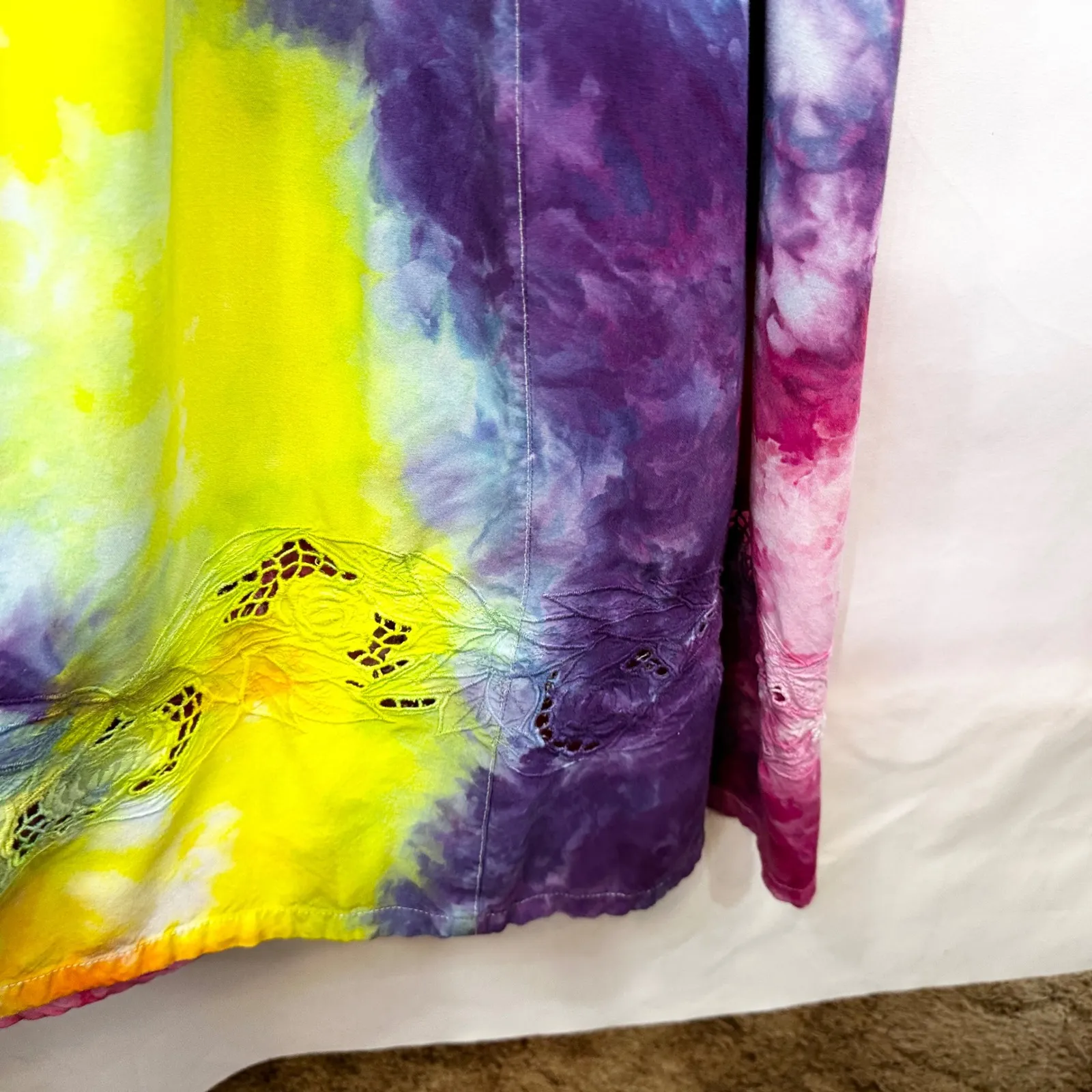 Tie Dye Medium Maxi Dress Handmade Rainbow Eyelet Hem Sleeveless Vacation 1760 Pink - Image 7