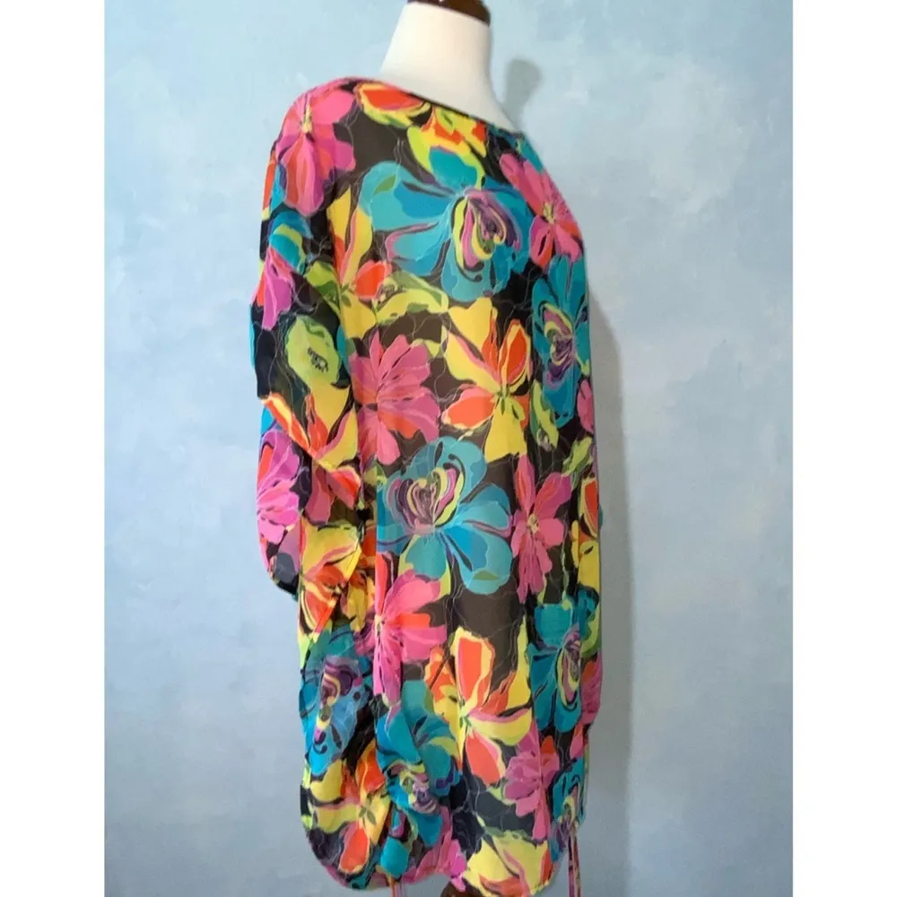Vertigo Semi-Sheer Vibrant Floral Drawstring Cinched Sides Top Or Swim Cover XL - Image 5
