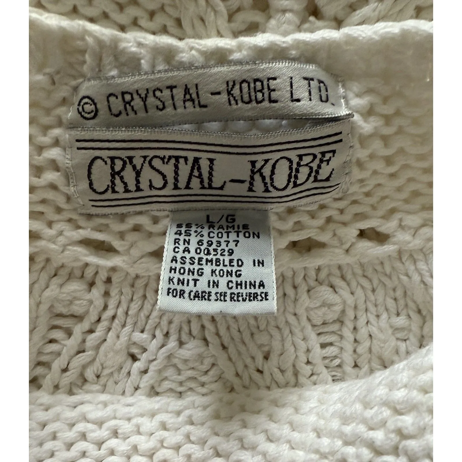 VTG Krystal Kobe Open 3D Knit Drop Shoulder Ribbed Hem Crewneck Sweater L (Stain Size L - Image 3