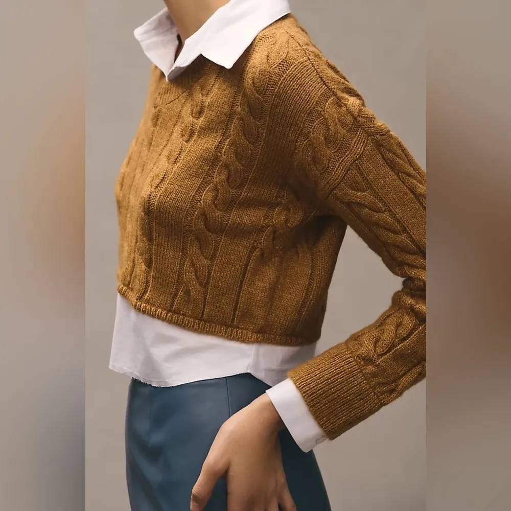 Pilcro Anthropologie Tan Cropped Cable-Knit Twofer Long Sleeve V-Neck Sweater - Image 2
