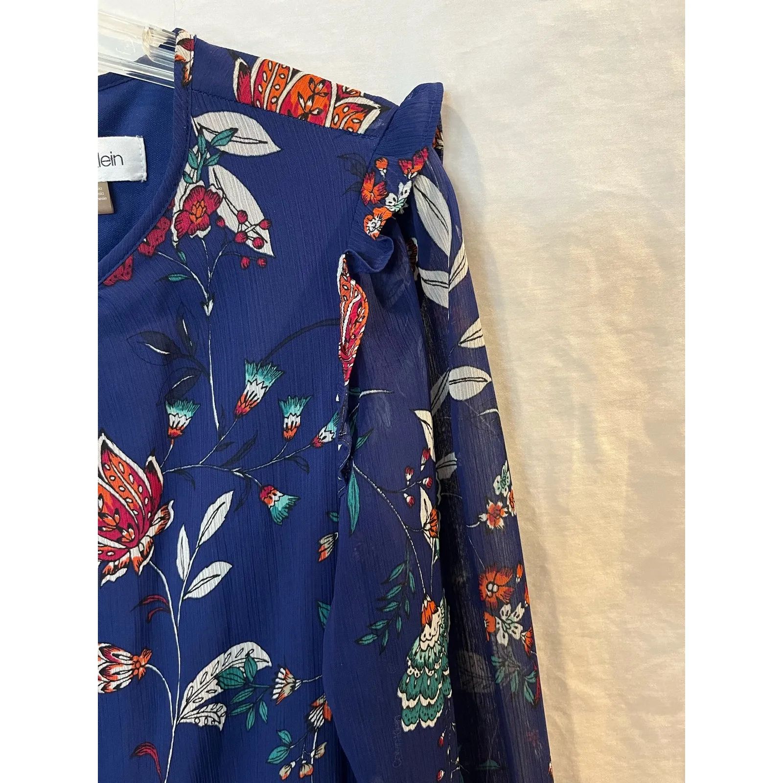 Calvin Klein Women's Floral A-Line Dress Bell Sleeves Size 8 Blue Fall Cocktail - Image 6