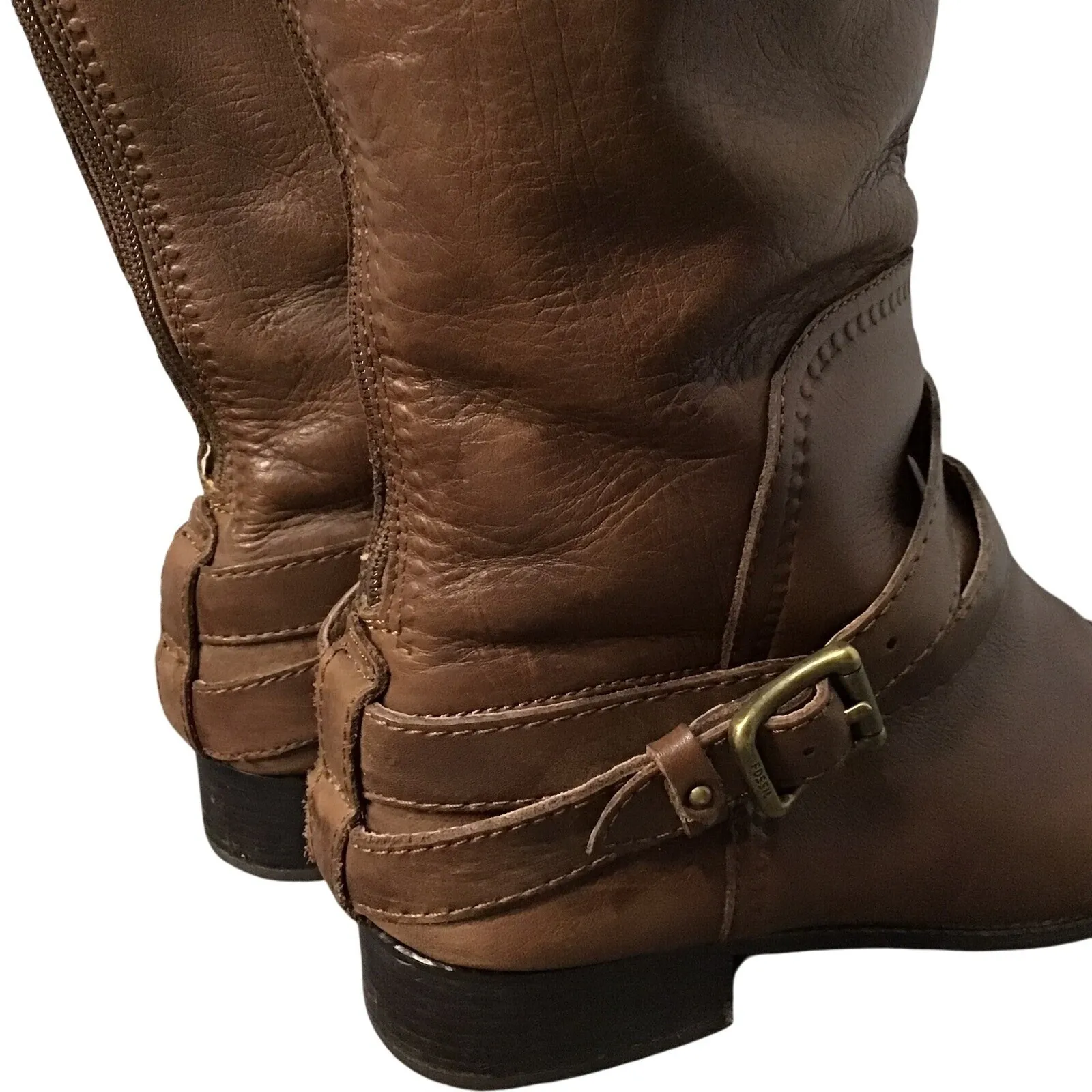 Fossil Zena back zipper wide calf Brown Leather Buckle Strap riding boots Sz 9.5 - Image 4