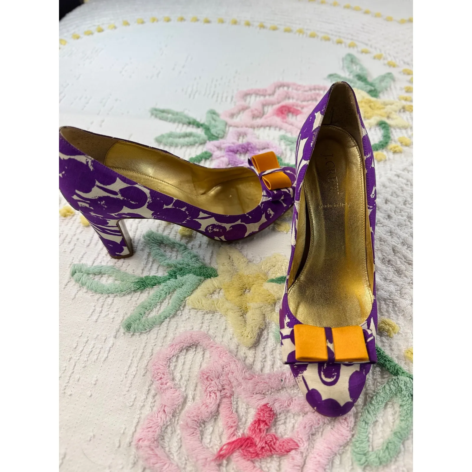 J. Crew Purple Floral Print Heels with Orange Bow Made in Italy Women's Size 8.5 - Image 4