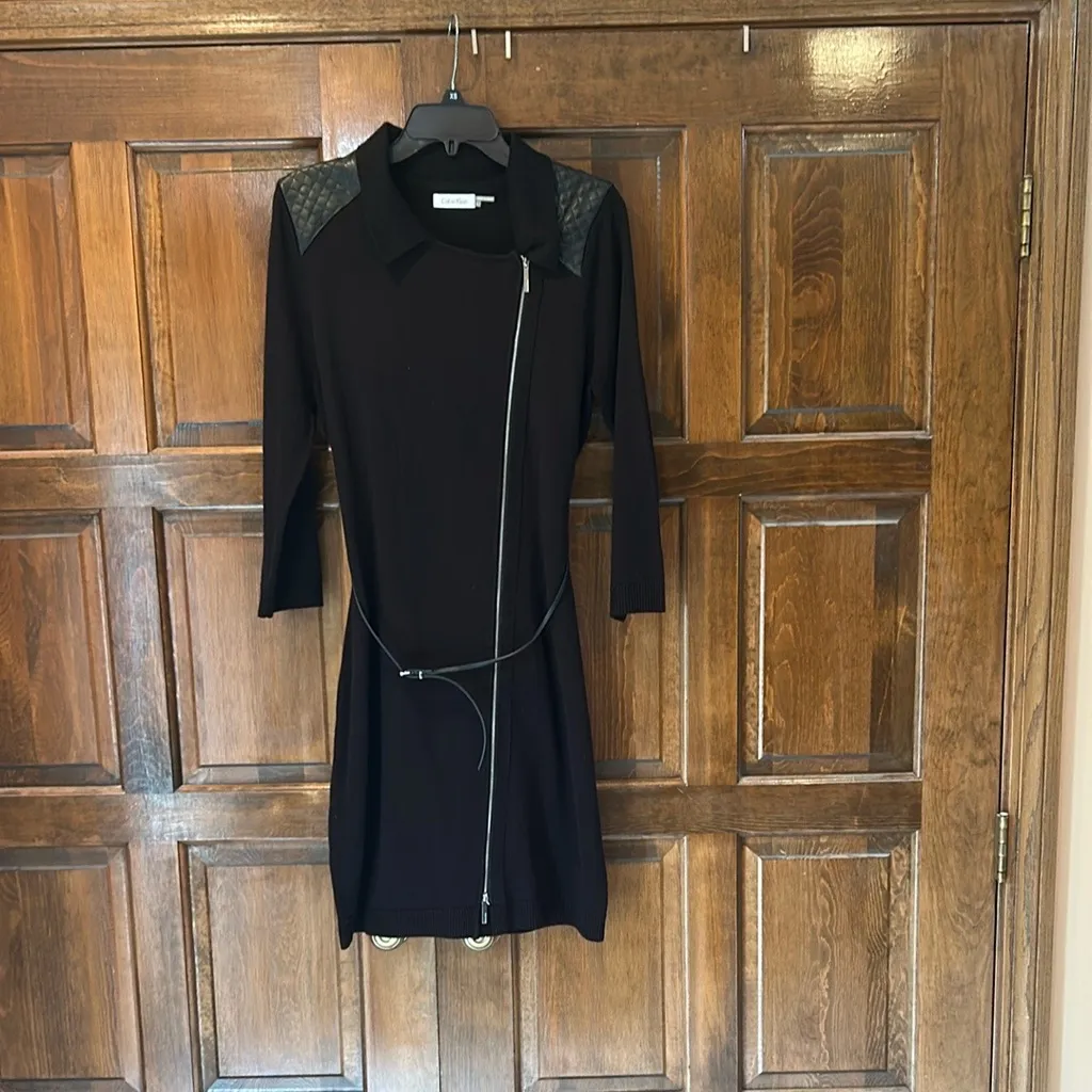 Calvin Klein Knit Long Sleeved Dress Black Size Large Belt Zipper Leather Trim - Image 3