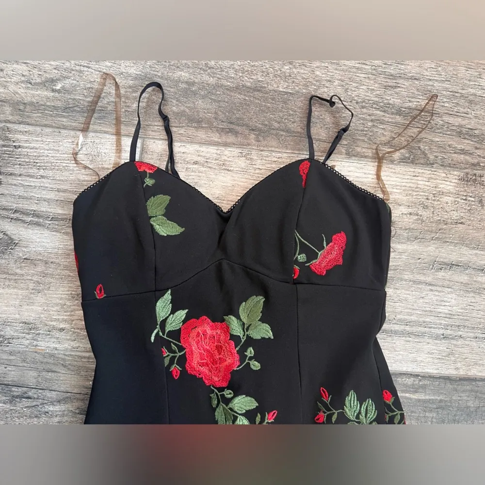 Honey and Rosie SMALL Sleeveless Embroidery Red Rose Black Maxi Dress #254 - Image 3