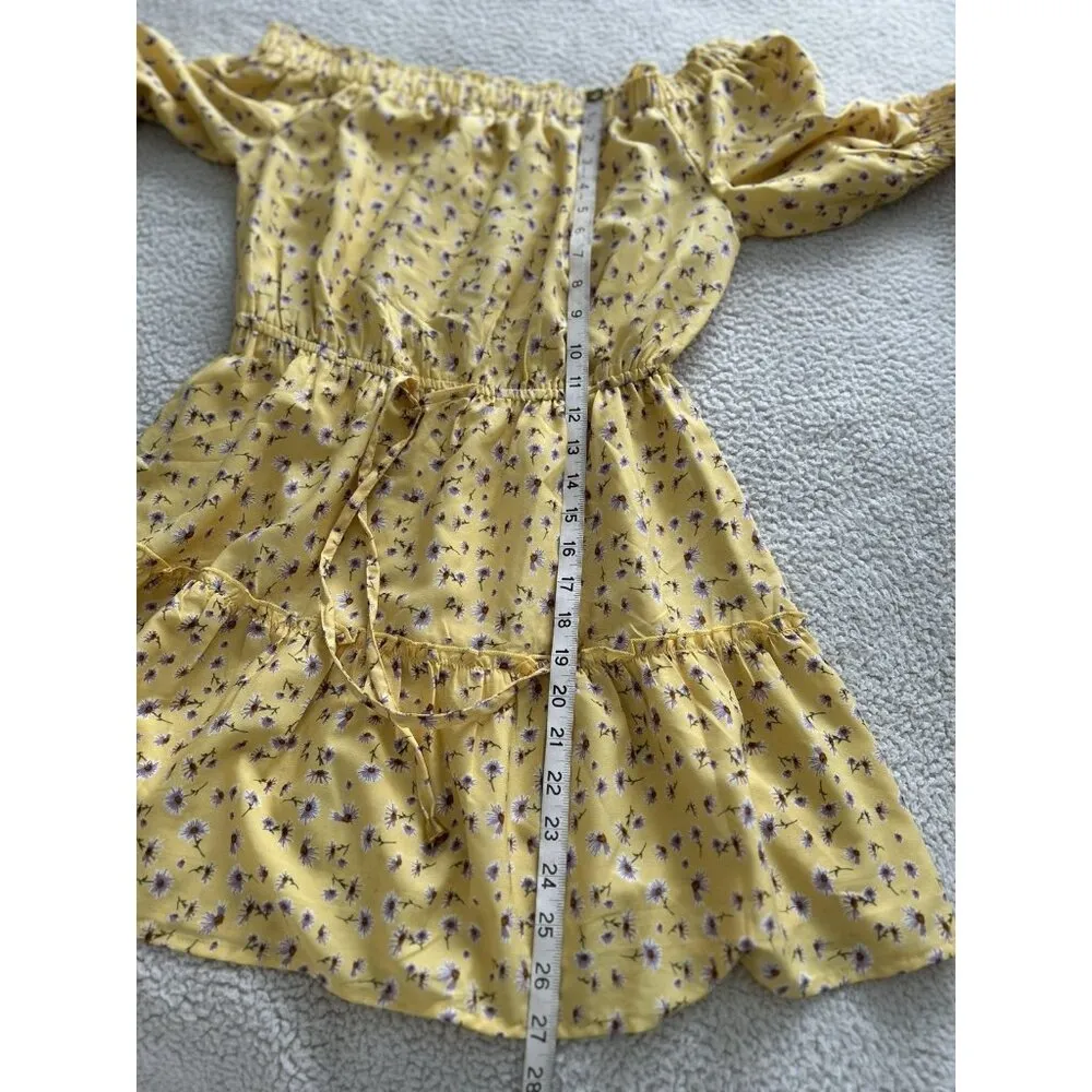 Hint Of Blush Yellow Ditsy Flower Off the shoulder Short Sleeve Mini Dress Sz M - Image 9