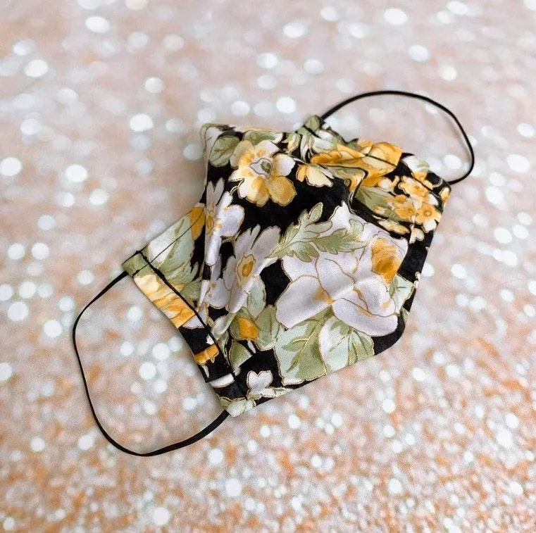 Luxury Black Yellow Gold Metallic Floral Premium Cotton Face Mask - Image 2