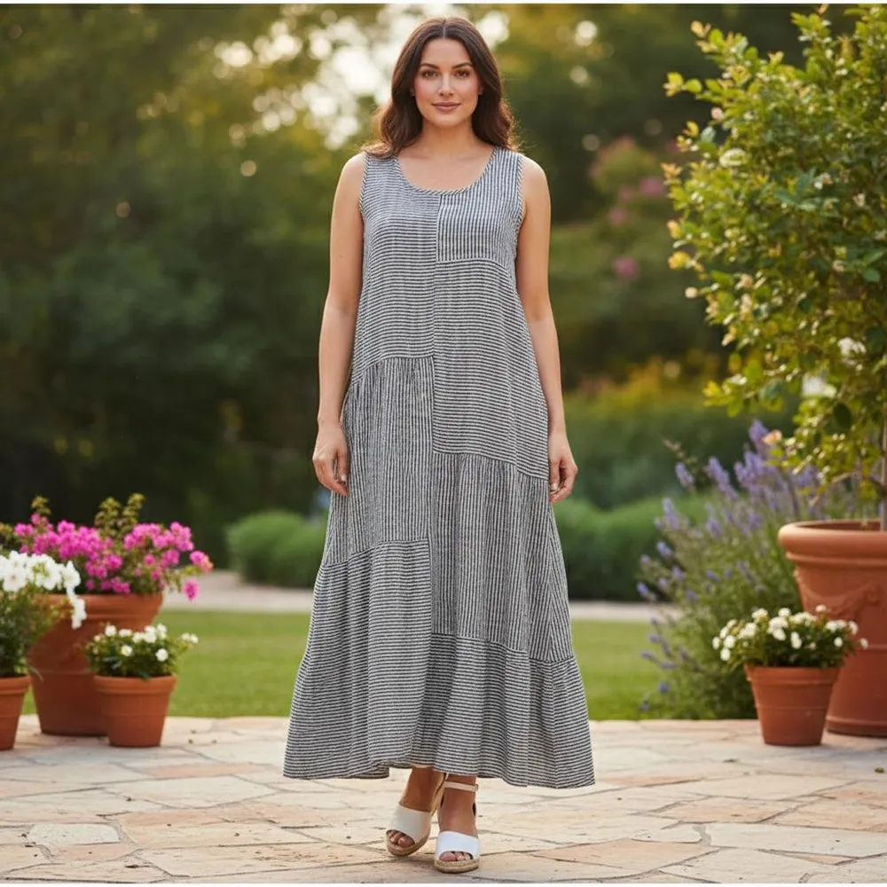 MAX STUDIO Maxi Dress Blue White Striped Patchwork Tiered Swing Boho Breezy XL - Image 3