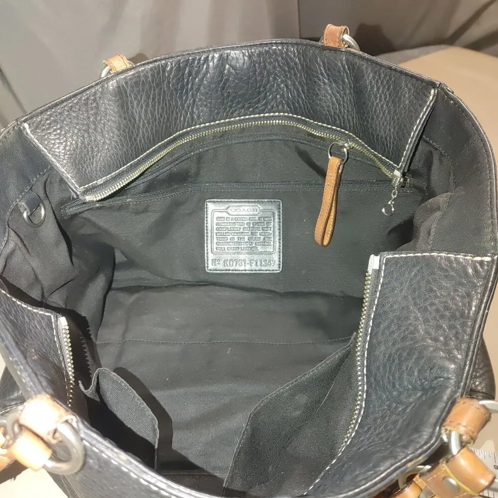 Coach Black Leather Tote Bag With Tan Straps & Silver Hardware - Image 2