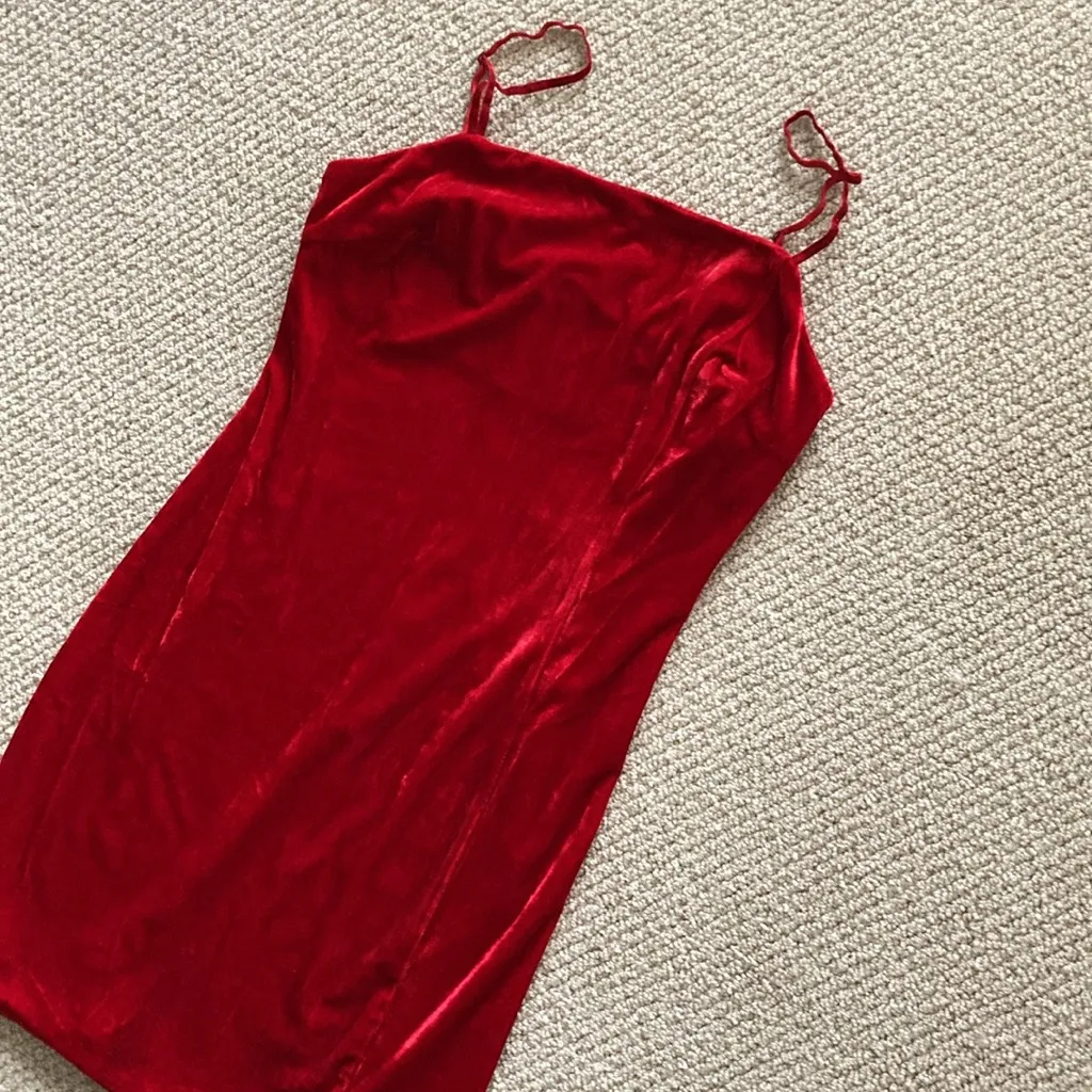 Lush Crushed Velvet Bright Red Christmas Holiday Dress Bodycon Medium Mini EUC - Image 7