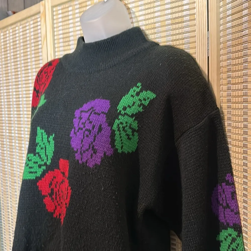 Potomac Collection Vintage 1990s Heavy Black Mock Turtleneck Sweater Roses XL - Image 6