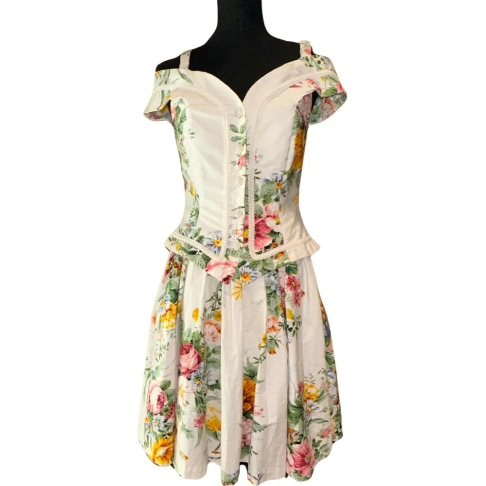Vintage 80s Floral Party Skirt and Off The Shoulder Top White Size 6 - Image 3