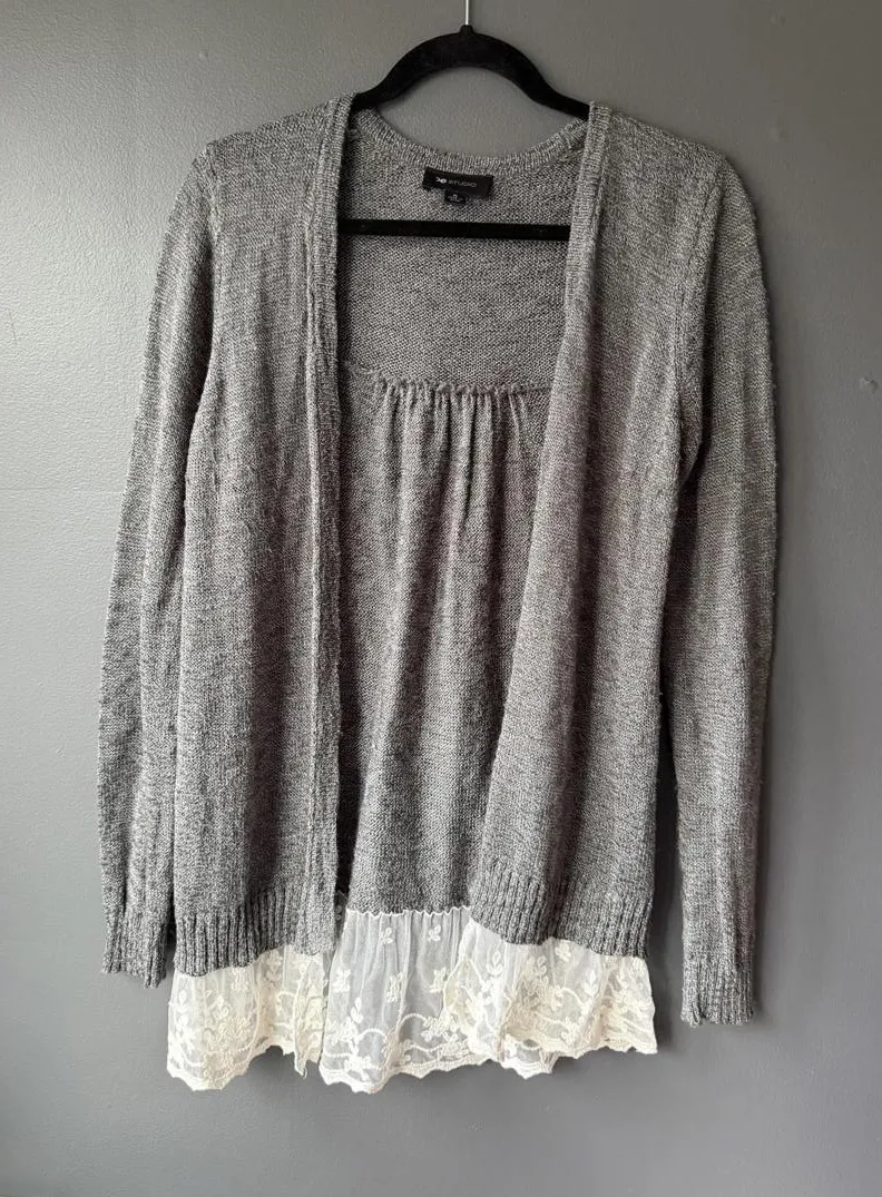 AB Studio Women's Gray Cardigan Sweater with Lace Trim, Size M - Image 1
