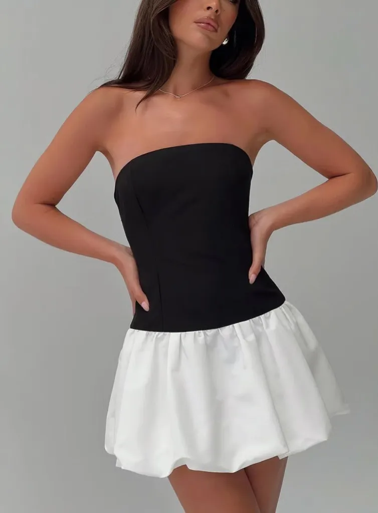 NWT Camila Coehlo Black and White Strapless Mini Bubble Skirt Dress Size XS - Image 1