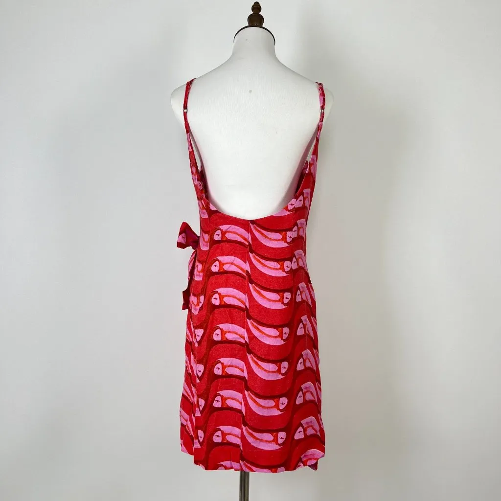 NOWT Farm Rio Linen blend Copabanana Wrap Mini Dress Red Pink Size L - Image 12