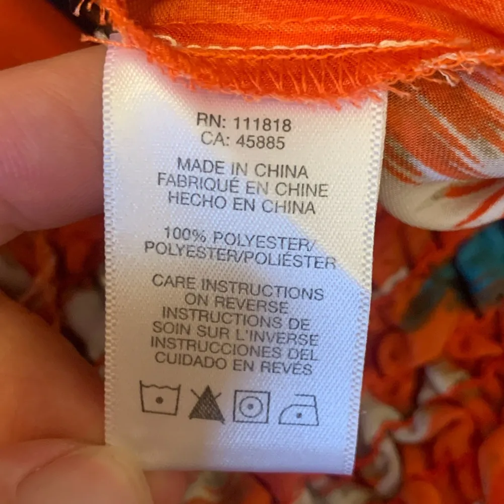 Michael Kors Top Large Orange Blue White Smocked Waist Crop Wide Neck Elastic - Image 3