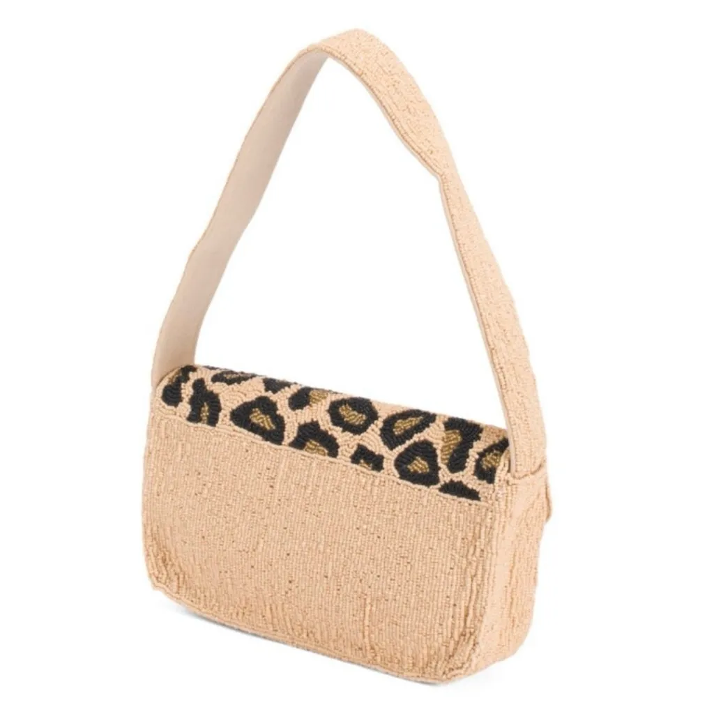Leopard Beaded Shoulder Bag | Y2K Purse | Inside Zip Pocket | America and Beyond Tan - Image 2