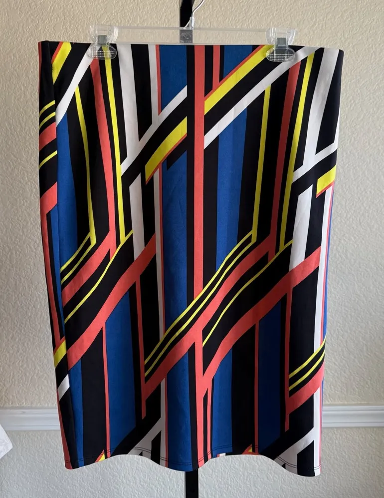 NYCC Geometric Stripe Pencil Skirt Multicolor Women’s Large Stretch Knit Midi Blue - Image 1