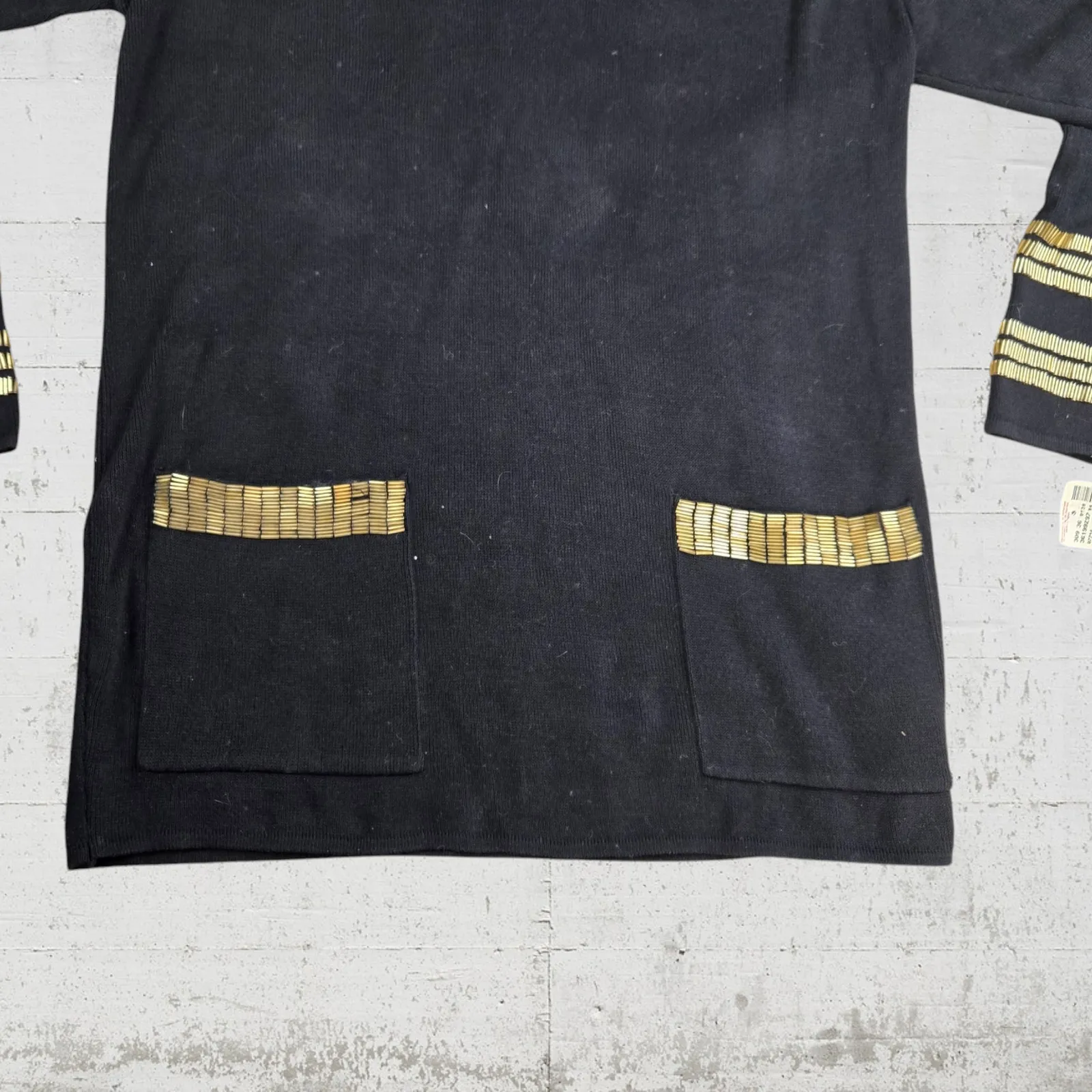 80s Vintage Anne Klein Deadstock Black Beaded Rugby Polo Knit Sweater Size Small - Image 3