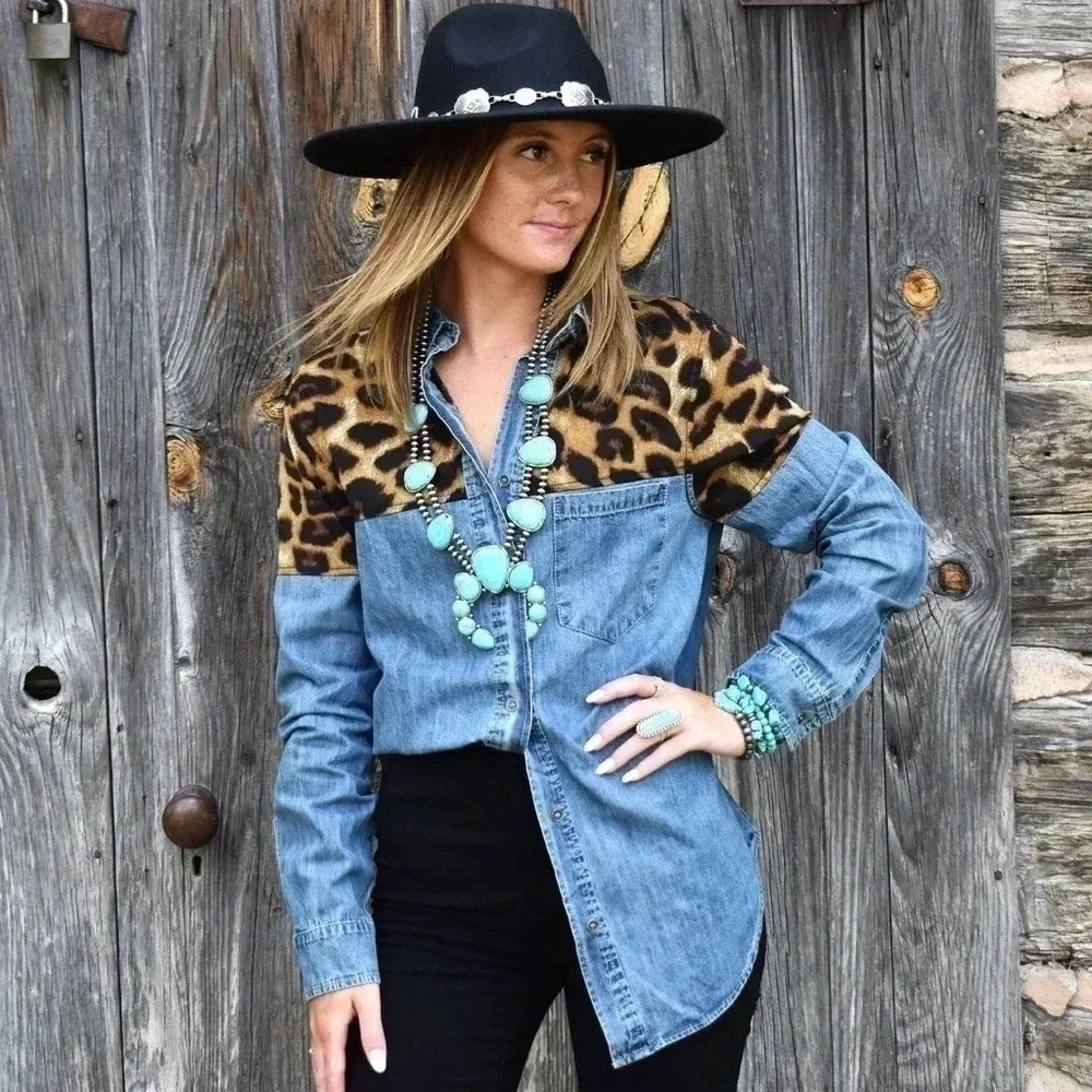 Washed Denim Button Down Shirt with Leopard Cheetah Contrast Blue - Image 6