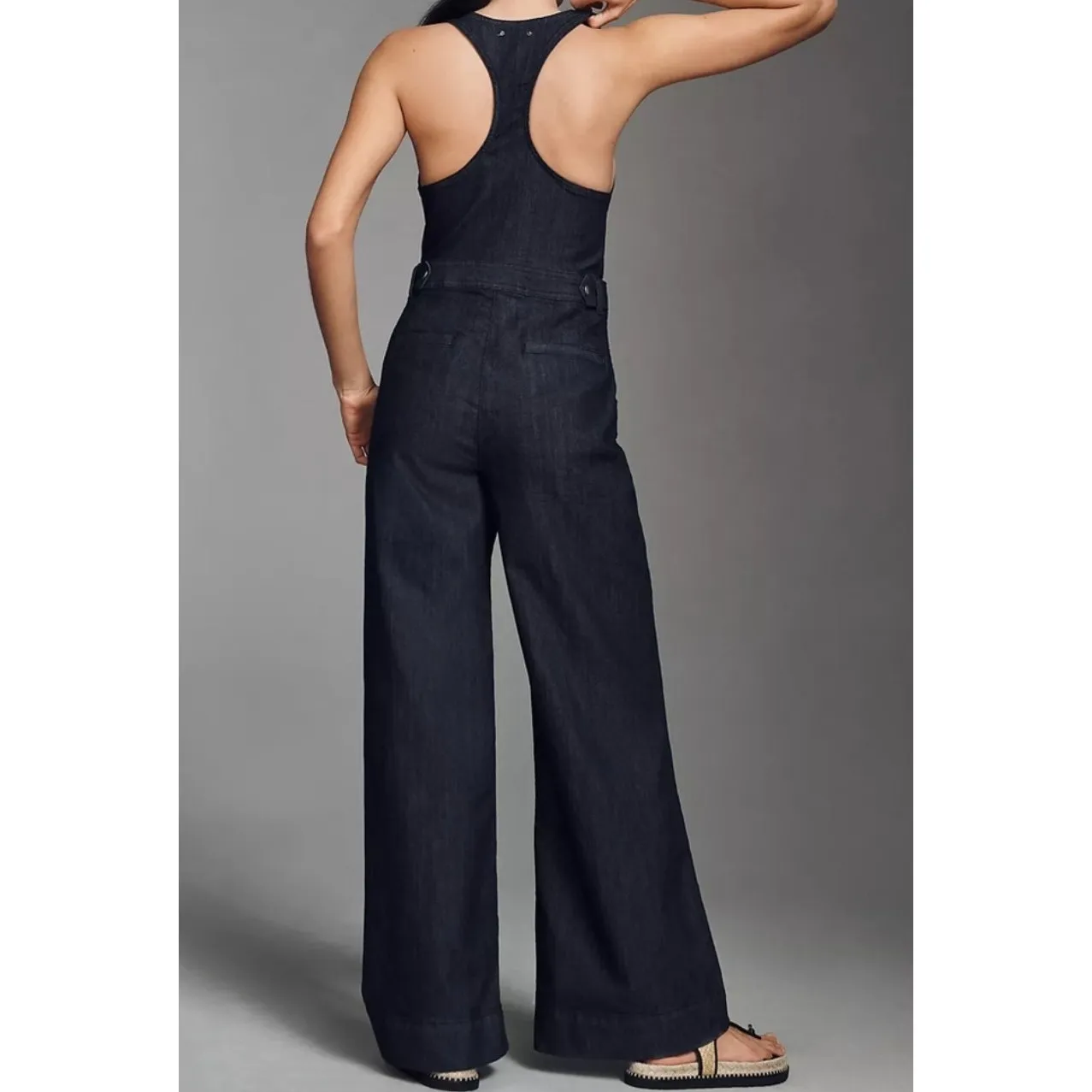 Maeve Anthropologie Denim Jumpsuit Women Size 10 Zip Front Racerback Wide Leg Blue - Image 3