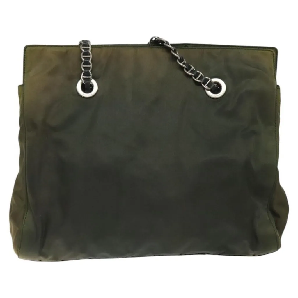 Chain Shoulder Bag Nylon Khaki Silver Authentic - Image 6