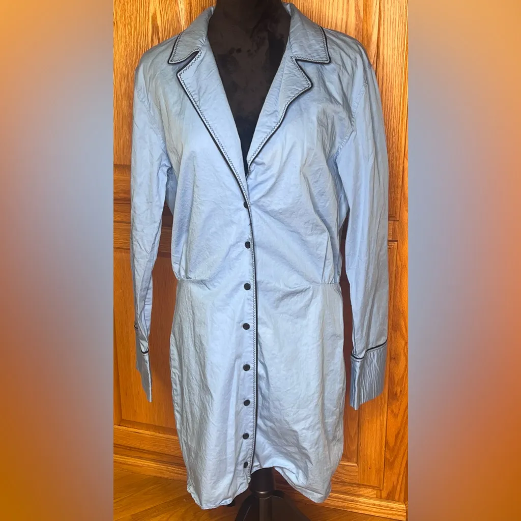 ZARA Short Trench Coat Deep V-Neck Cotton Button-Up Shirt Dress Blue‎ Size Large - Image 9