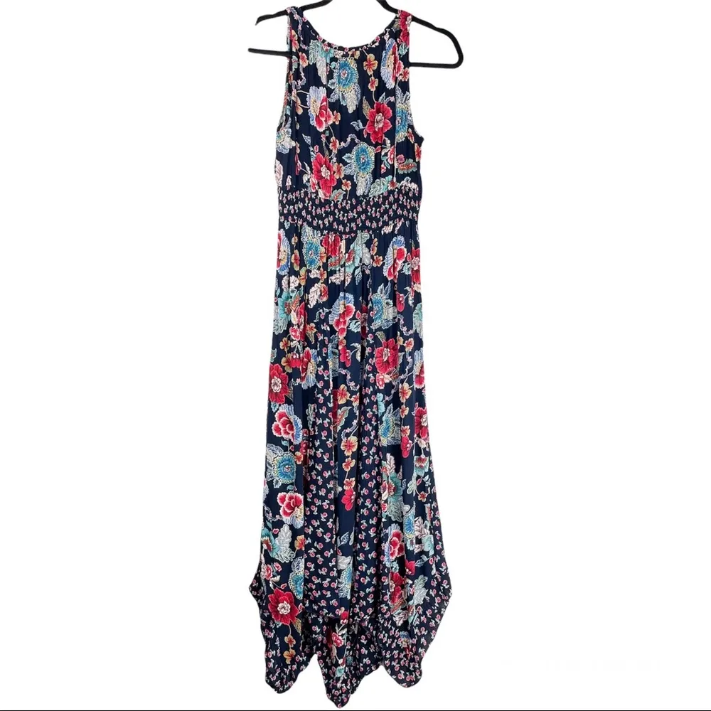 Bila Dress Sleeveless Handkerchief Hem Navy Floral Print Boho Cottagecore Blue - Image 3
