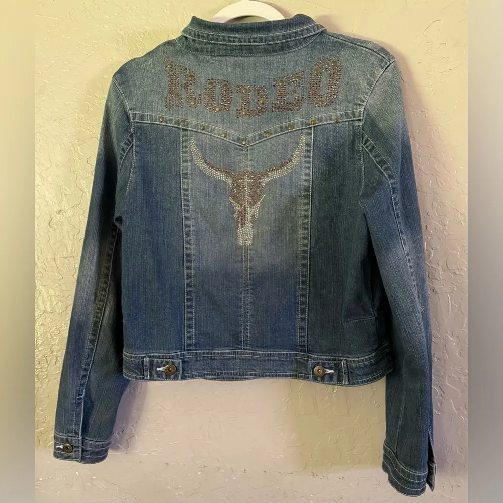 ENERGE Womens Denim Jacket Studded Rodeo Crop Size L (Juniors) Vintage Faded Blue - Image 14