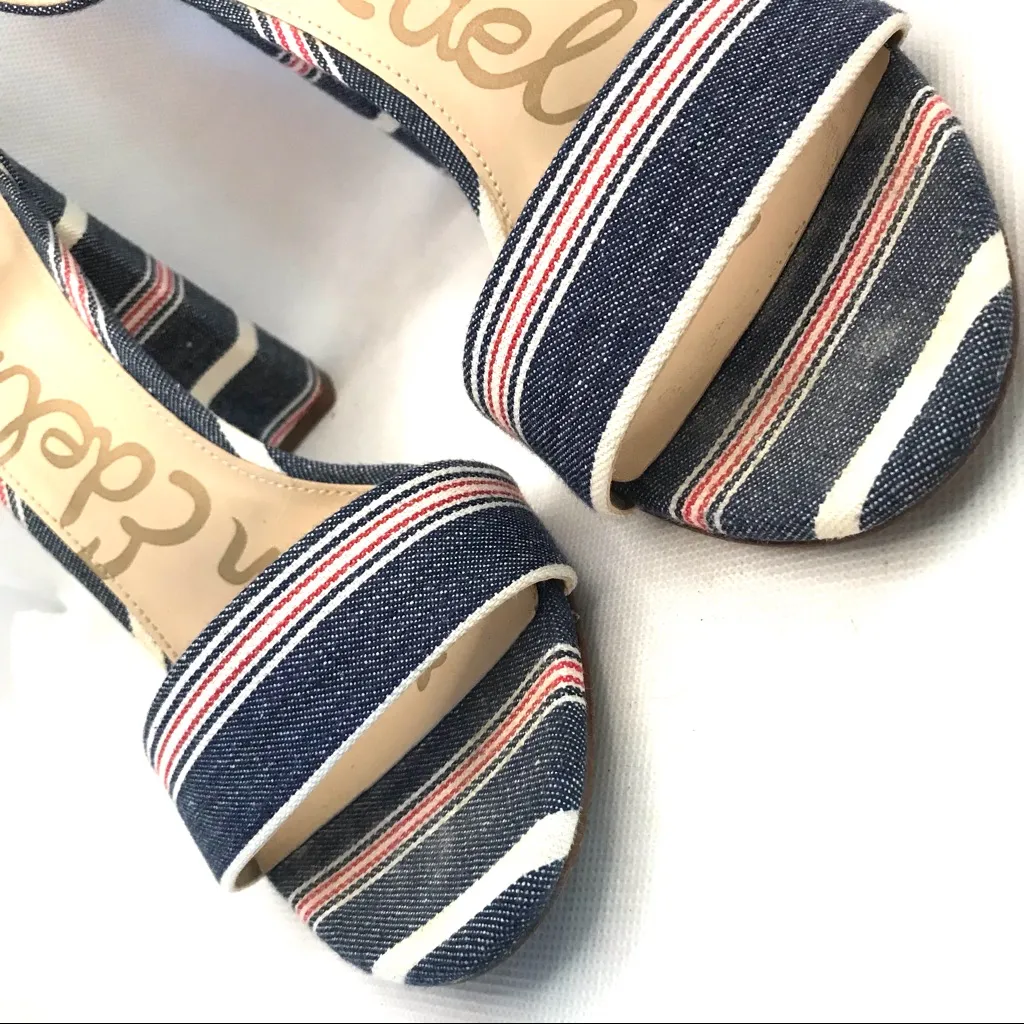 SAM EDELMAN "YARO" DENIM BLUE, RED & WHITE STRIPED FABRIC COVER HEELS (10) - Image 8