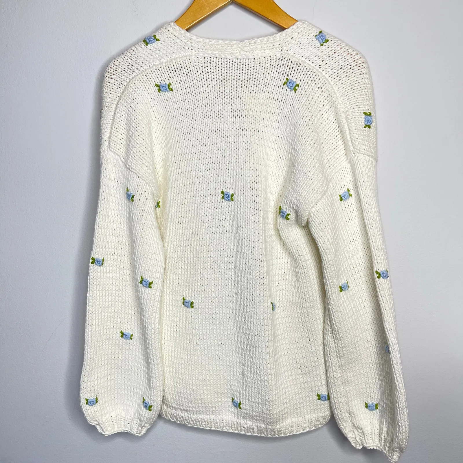 Fanm Mon Winter Bloom Blue Rose Cotton Cardigan Handmade New size XS/S Ivory White - Image 11