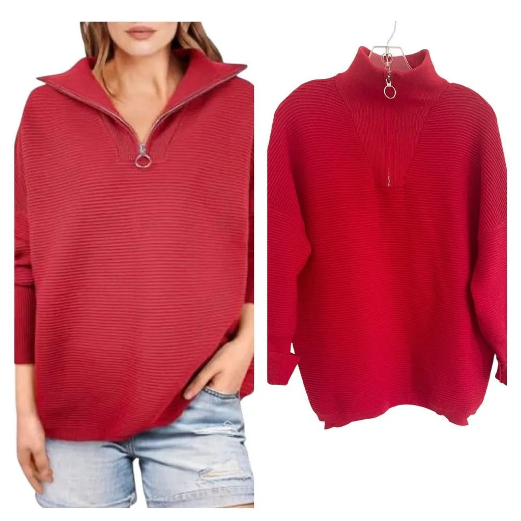 Red Quarter Zip Knit Women’s Sweater Sz XL - Image 2