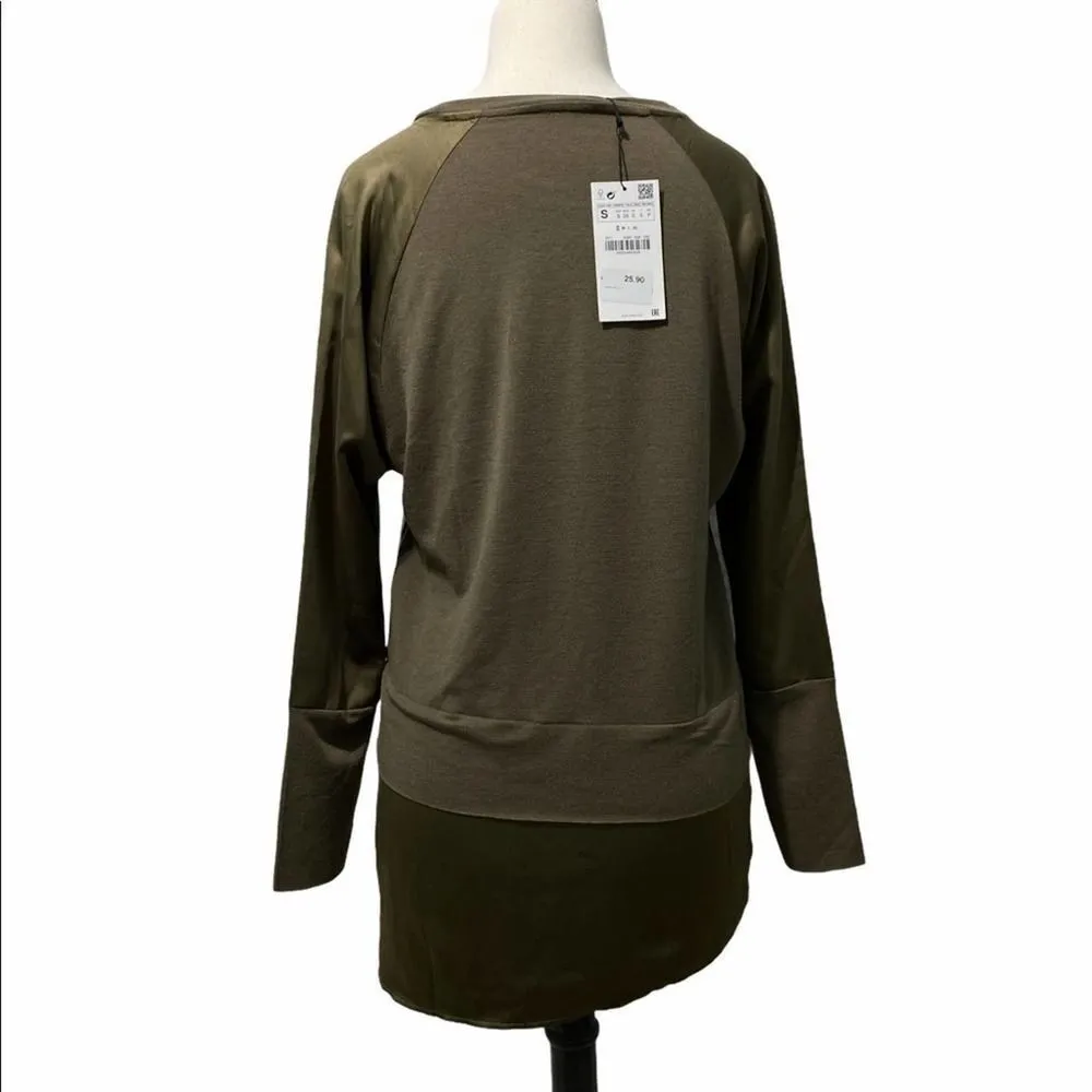 Zara WB Sweater Long‎ Sleeve Pullover Satin Detail Hem and Shoulders Small Green - Image 3