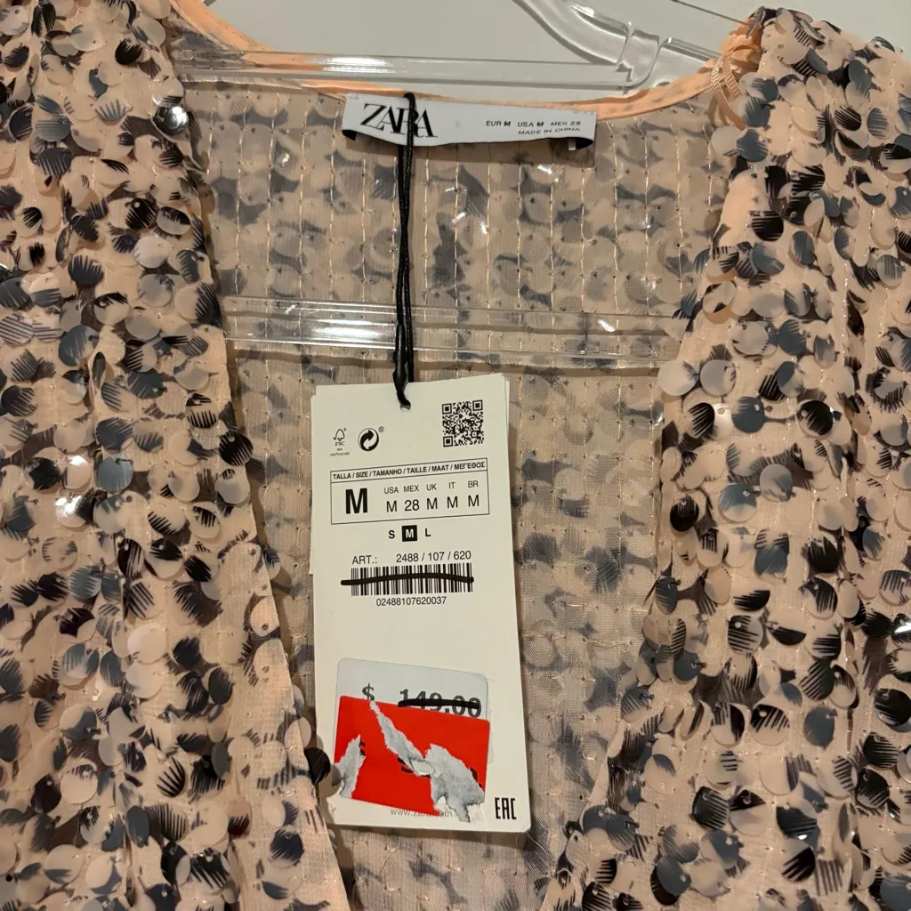 ZARA LIMITED EDITION SEQUIN APPLIQUÉ V NECK LONG MAXI DRESS Pink MEDIUM RARE NWT - Image 4