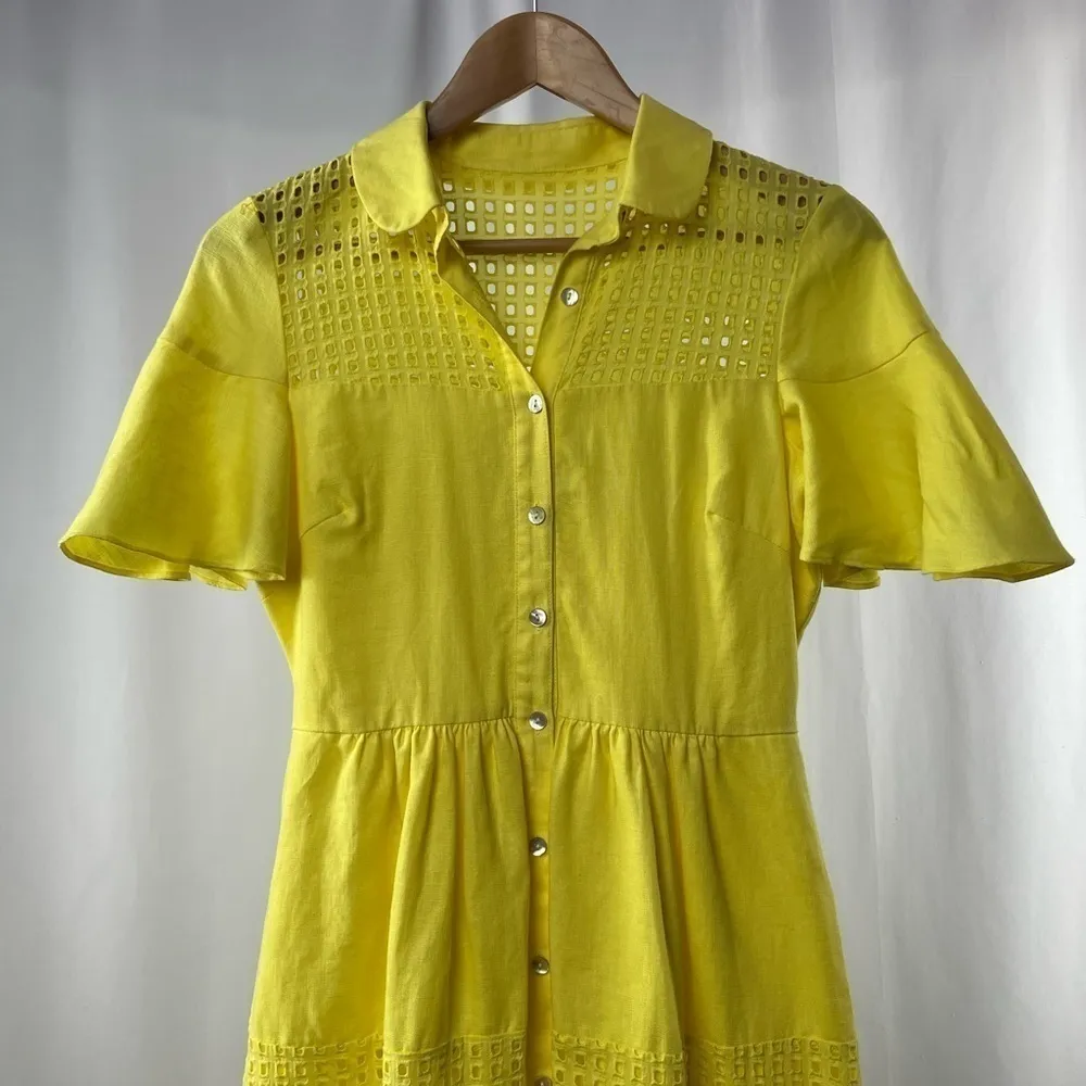 Belle‎ Badgley Mischka Dailey Eyelet Linen Shirt Dress in Yellow Size 0 - Image 6