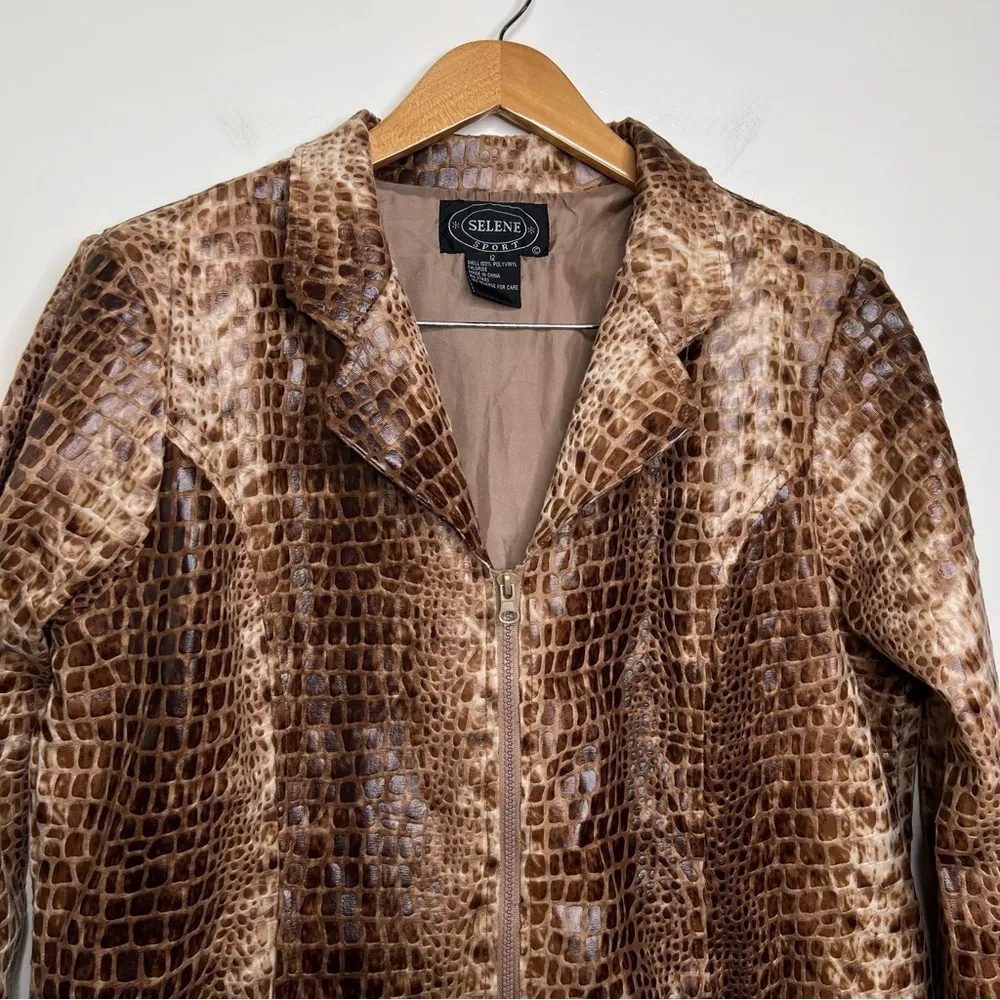 Vintage Selene Sport Faux Croc Reptile Print Zip Blazer Jacket Women’s Size 12 Brown - Image 3