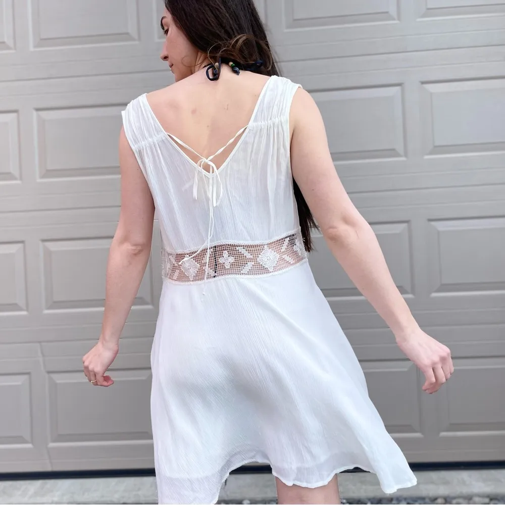 Free People Bohemian Beach Ivory Sheer Panel Swing Tank Slip Dress Medium - Image 8