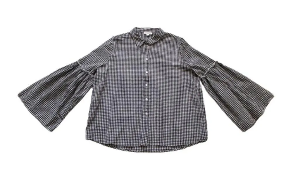 BeachLunchLounge Blouse Top Black White Gingham Button Front Bell Sleeve Top XL - Image 7