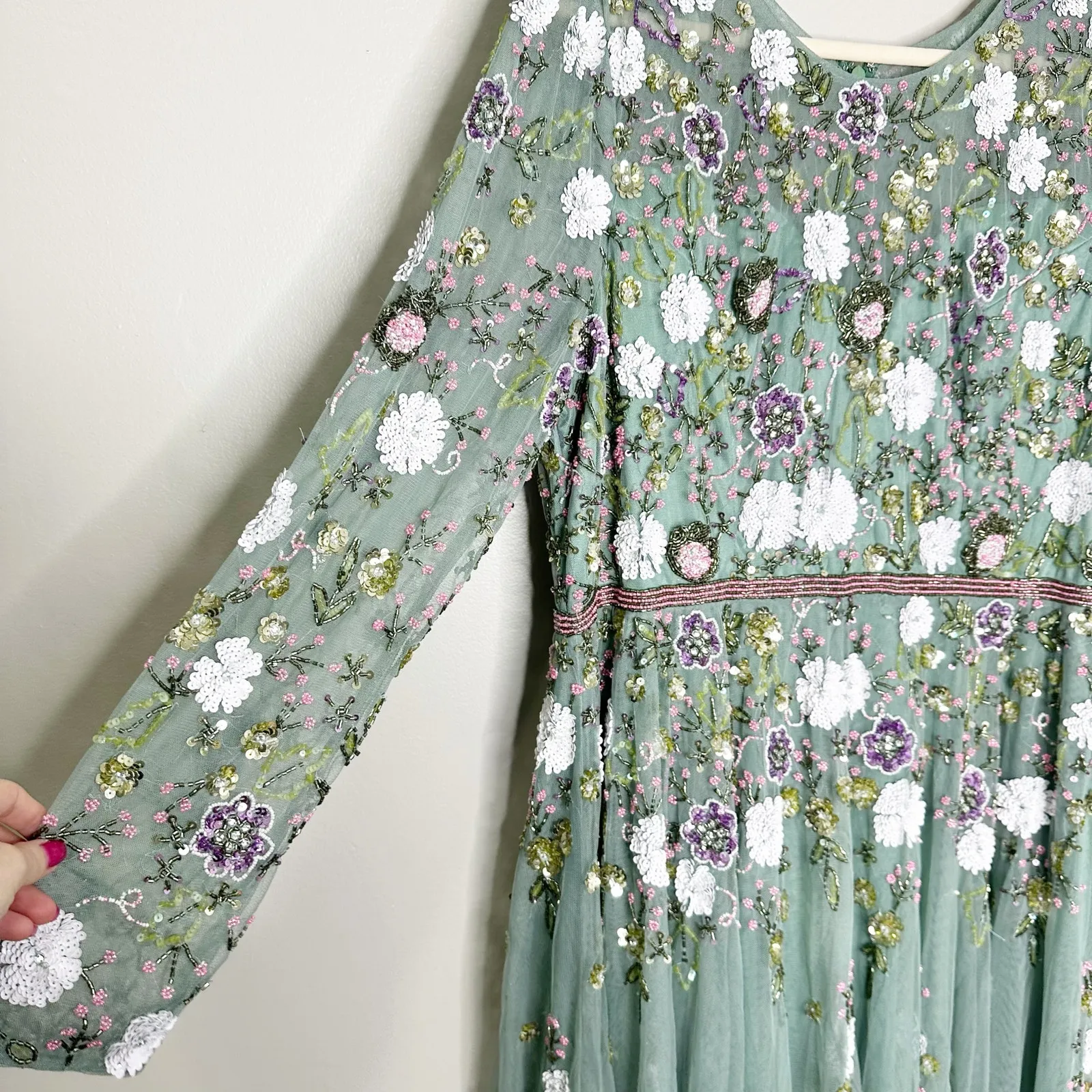 Mac Duggal 5716 Green Sage Multi Floral Applique Tulle Cocktail Midi Dress 18 - Image 5