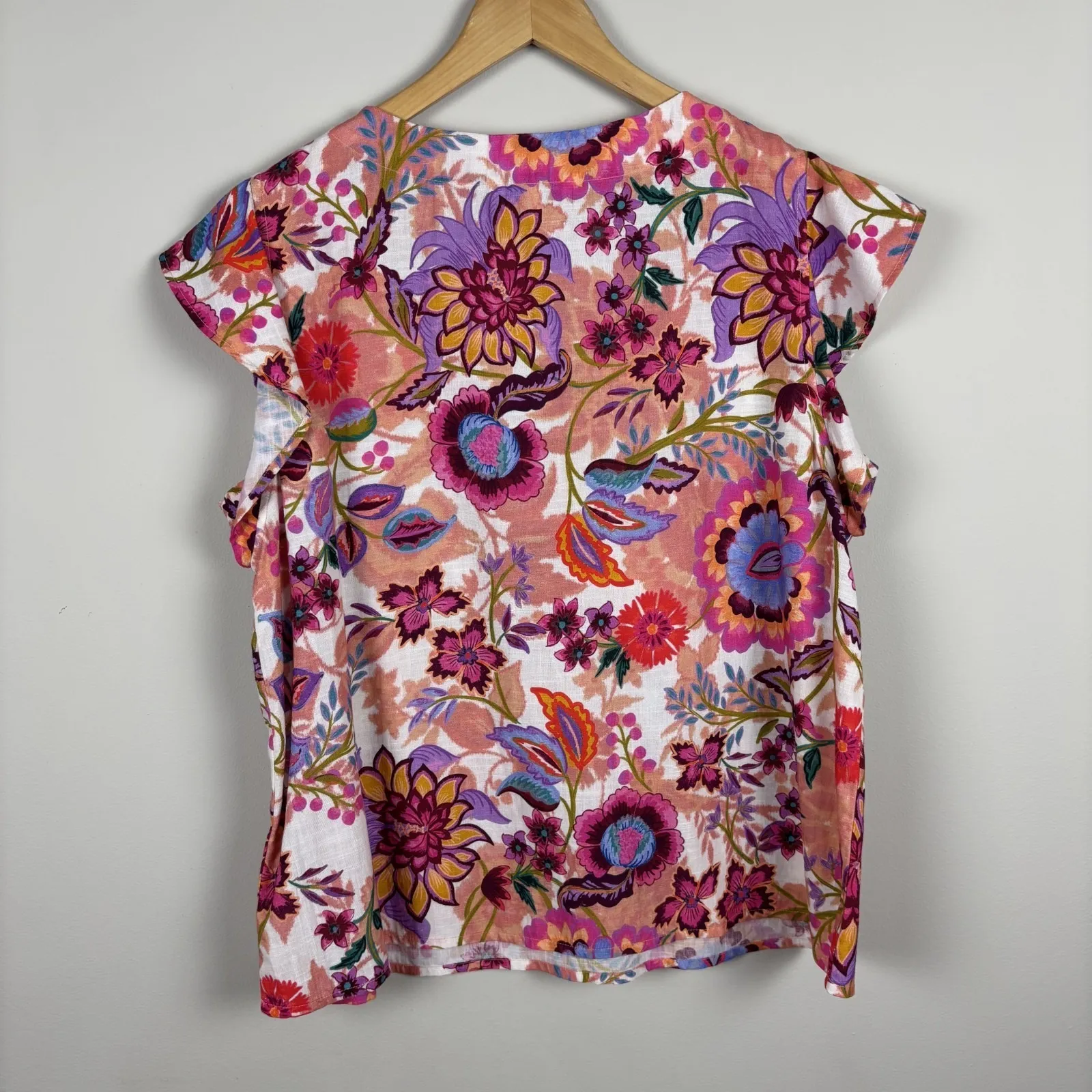 Liverpool Blouse Top‎ Womens Large Pink Colorful Floral V-Neck Flutter Sleeve L - Image 5