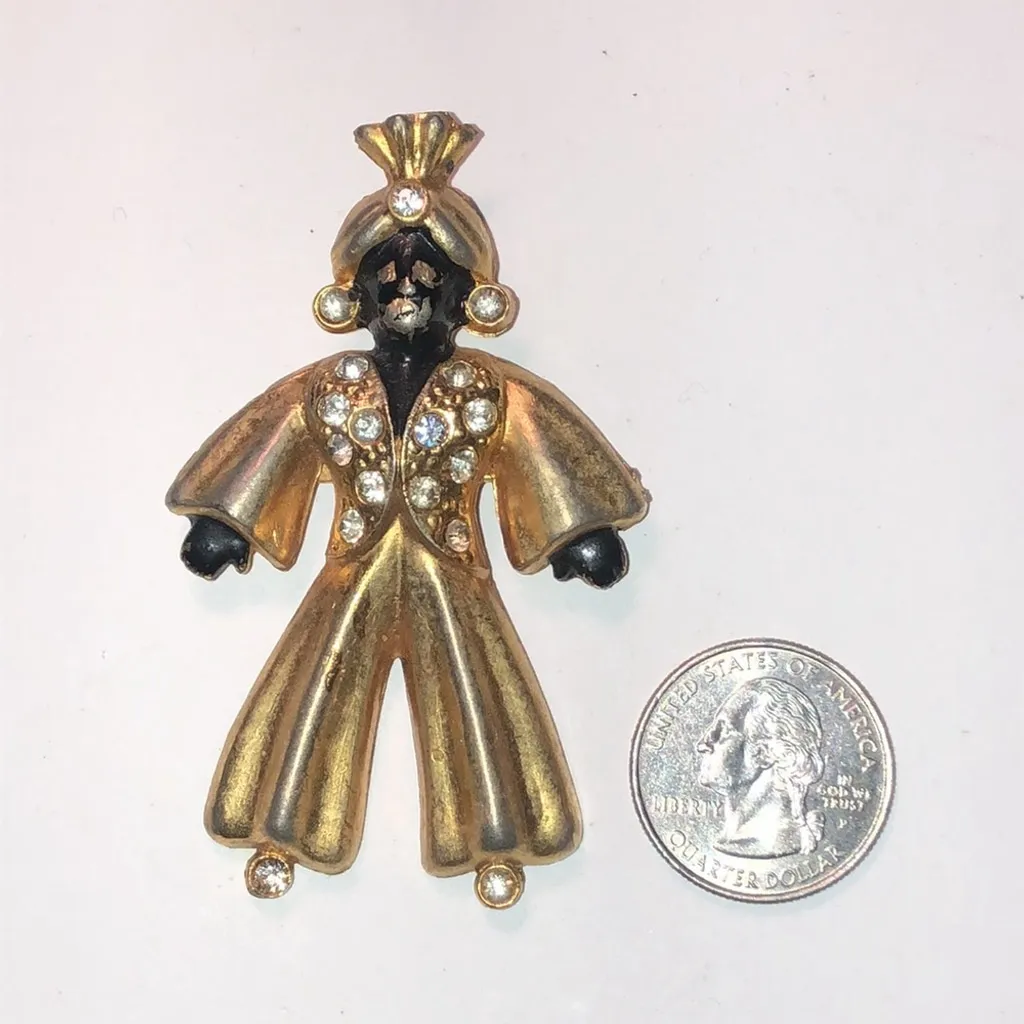 Vintage Satin Soft Gold Tone CZ Rhinestone Turban Man Brooch Shoulder Pin - Image 4