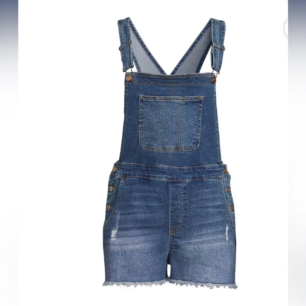 No Boundaries Women’s overalls size Large Distressed Blue Denim Relaxed frayed - Image 5