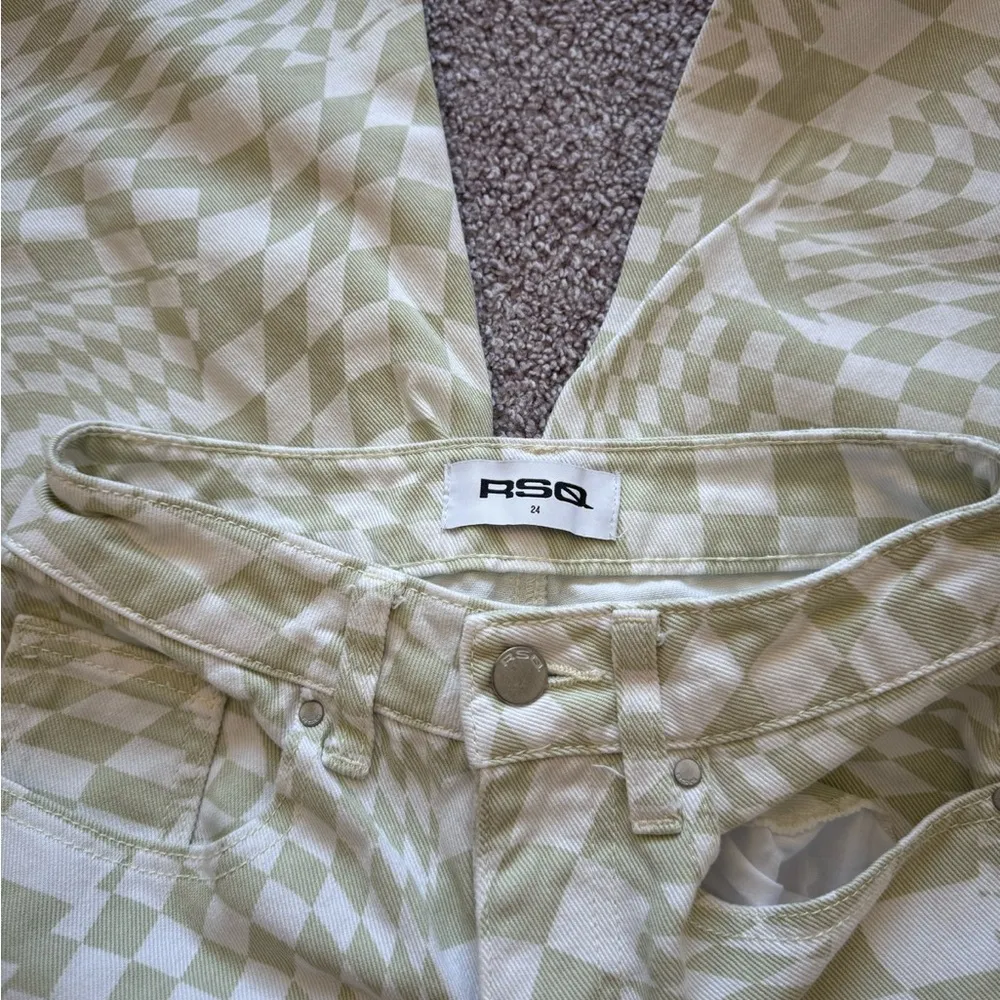 Women's  Checkered Jean Pants Green and White Size 24 Y2K - Image 3