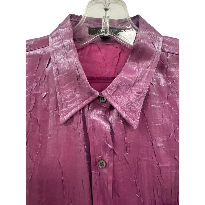 Karen Kane Women's Fuchsia Crinkled Button-Up‎ Blouse Long Sleeve Size Medium - Image 4