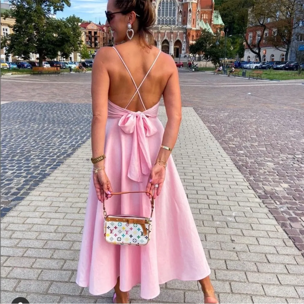 NWOT ZARA LINEN BLEND PINK MIDI Dress With Bow Tie back - Image 4