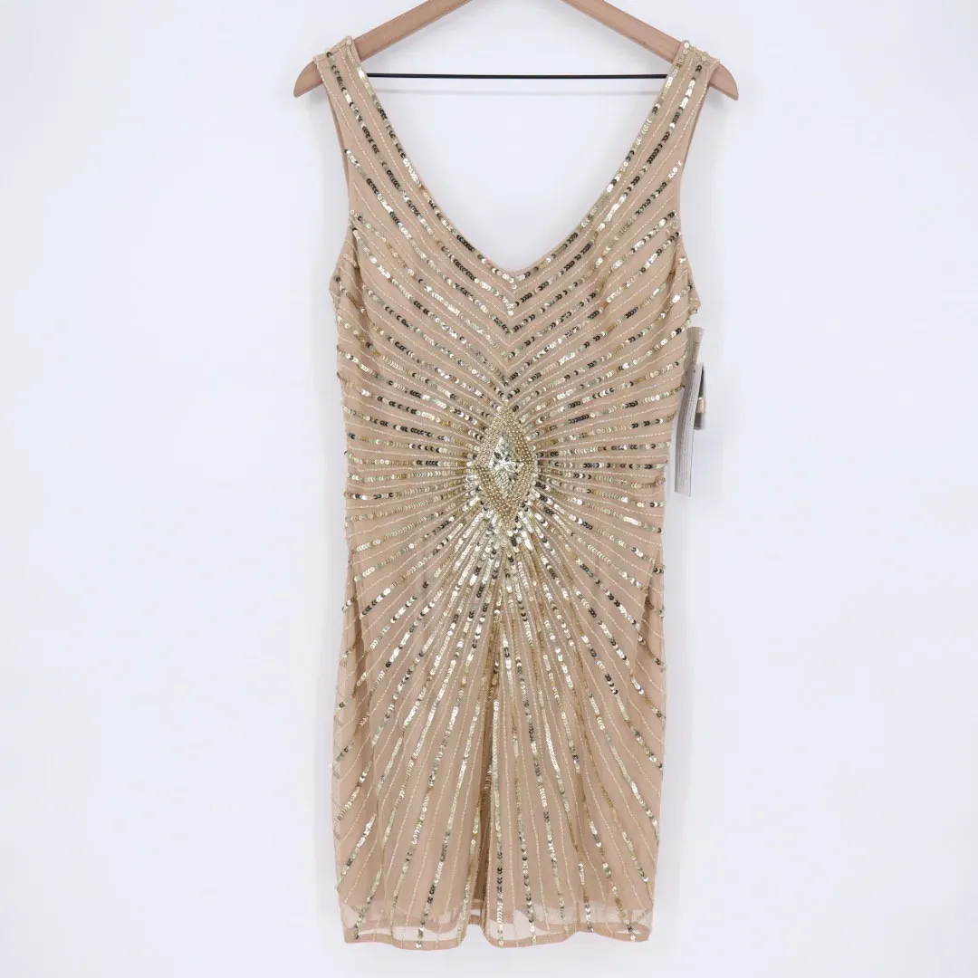 Aidan Mattox Beaded Sequin V Neck Cocktail Dress Champagne Gold Size 12 - Image 2