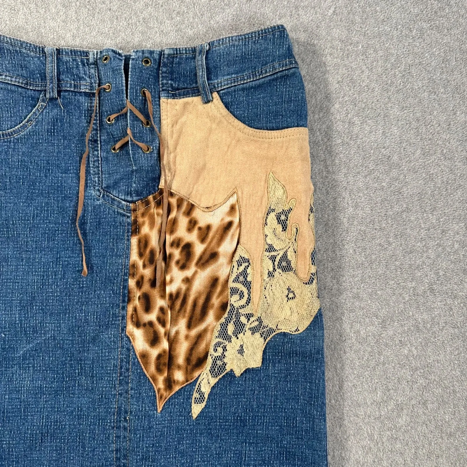 Y2k Patchwork Animal Print Midi Denim Skirt 27 Lace Up Cut Off Made in Italy Blue - Image 2